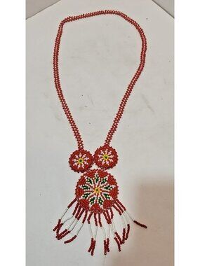 Vintage Native Tribal Hand Beaded Star Tassel Pendant 15" Long Necklace Artisan